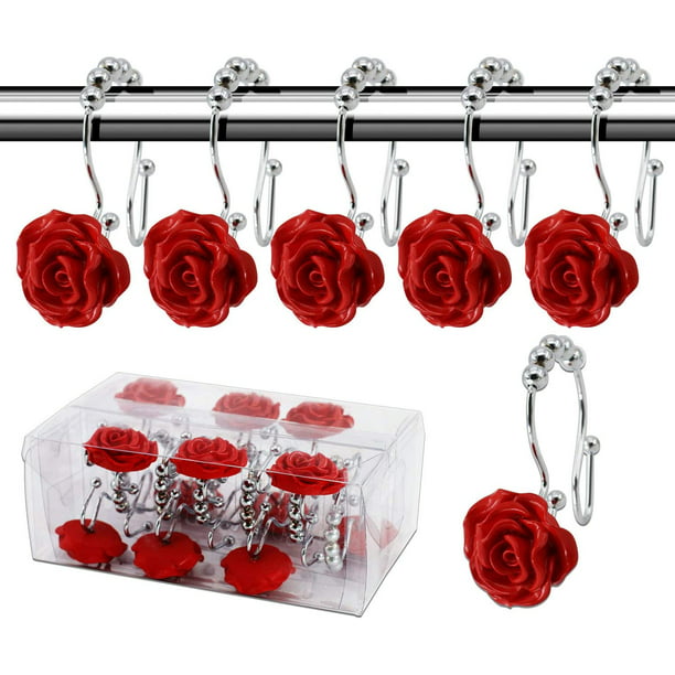 UFURMATE Shower Curtain Hooks Red 12Pcs Stainless Steel Rustproof Decorative Shower Hook Double Glide Shower Curtain Rings with Decorative Resin Rose Flower for Bathroom Shower Rods